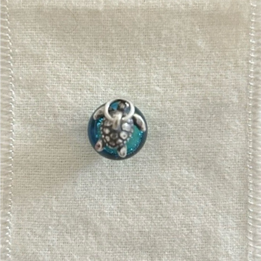 RETIRED James Avery Silver Turtle Charm on Green-Blue Bead